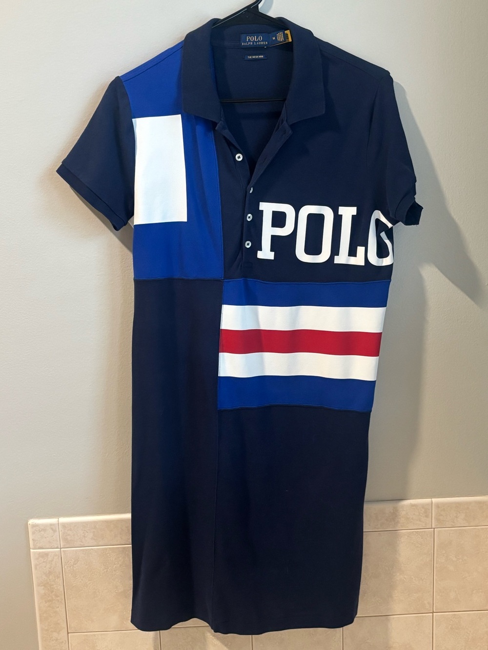 Polo Ralph Lauren Navy Colorblock The Mesh Mini Polo Shirt Dress size Medium